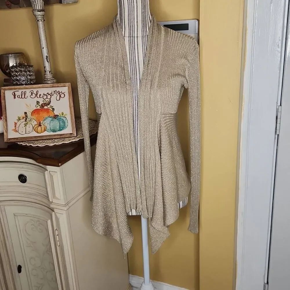 Jaclyn Smiith dressy tan open cardigan metallic sweater women's size S